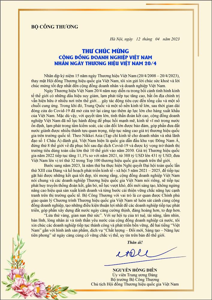 Bộ trưởng Bộ Công Thương gửi thư chúc mừng cộng đồng doanh nghiệp Việt Nam nhân ngày Thương hiệu Việt Nam 20/4